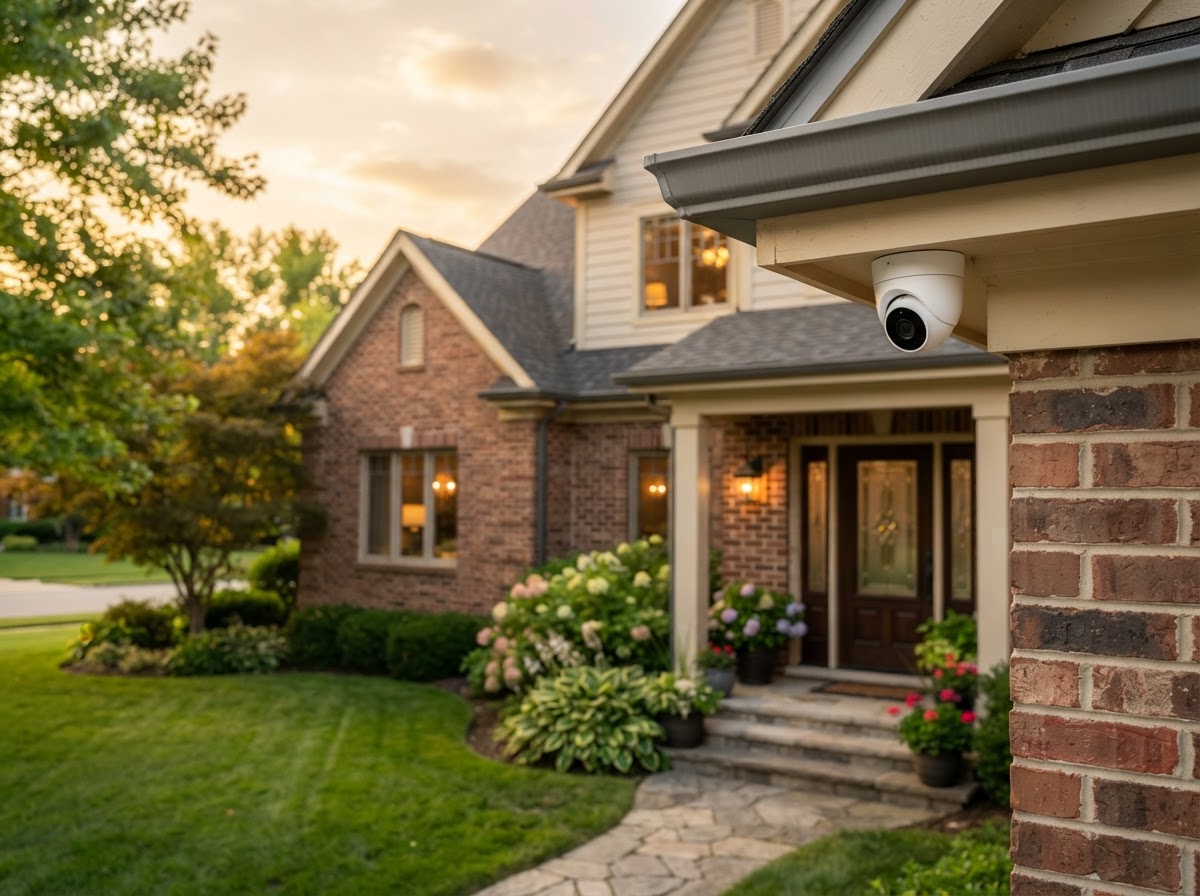 Professionally installed security camera on a family home