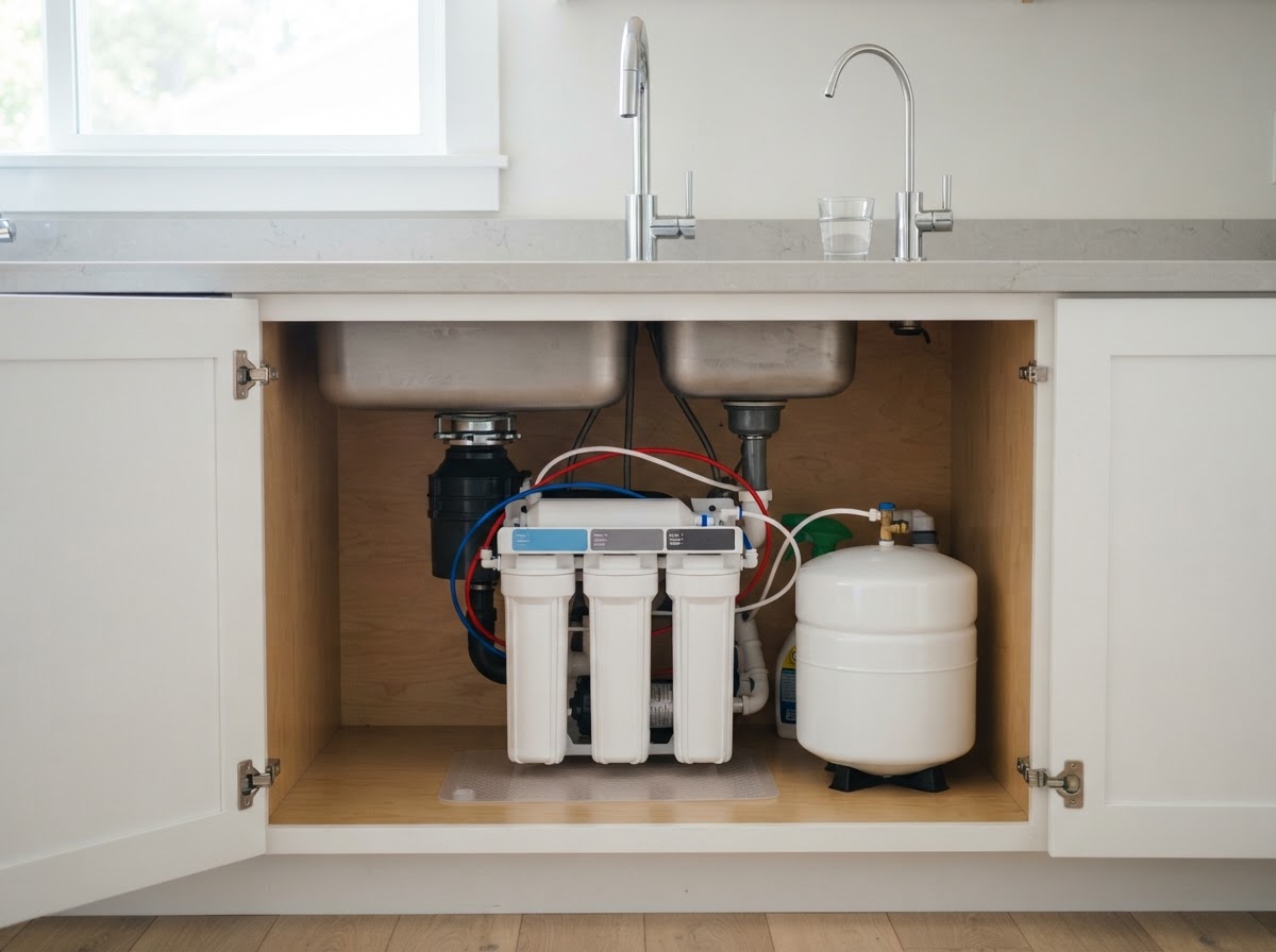 Under-sink reverse osmosis drinking water system installed in a kitchen cabinet