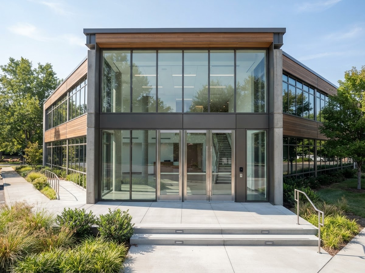Commercial office building entrance with a keycard access control reader