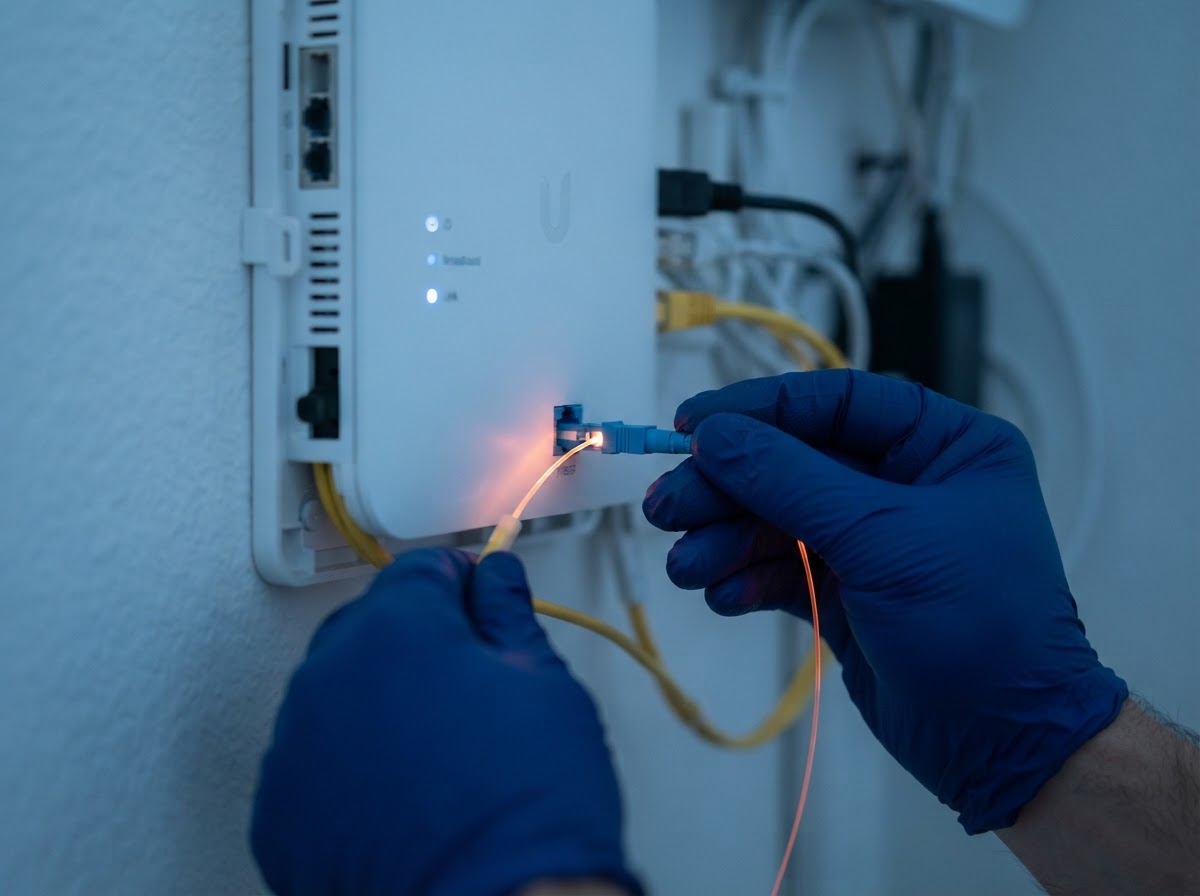 Technician connecting a fiber optic cable into a residential router