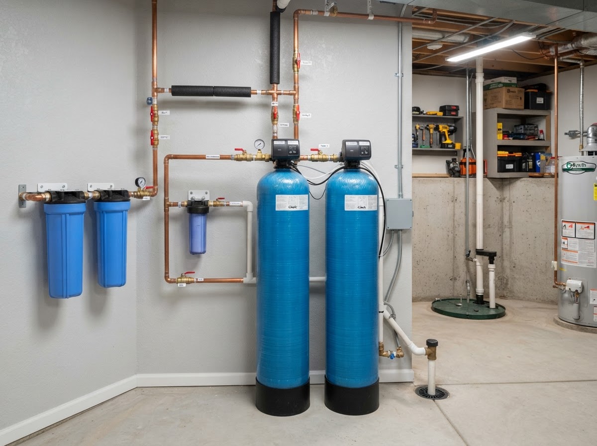 Whole-home water filtration tanks installed in a residential utility room