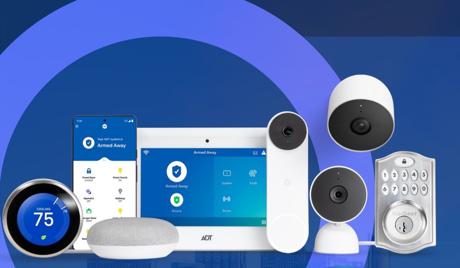 ADT panel and app with a Google Nest doorbell, Nest cameras and a smart lock